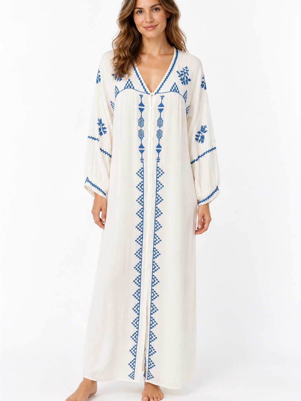 World Market White Blue Embroidered boho Maxi duster large